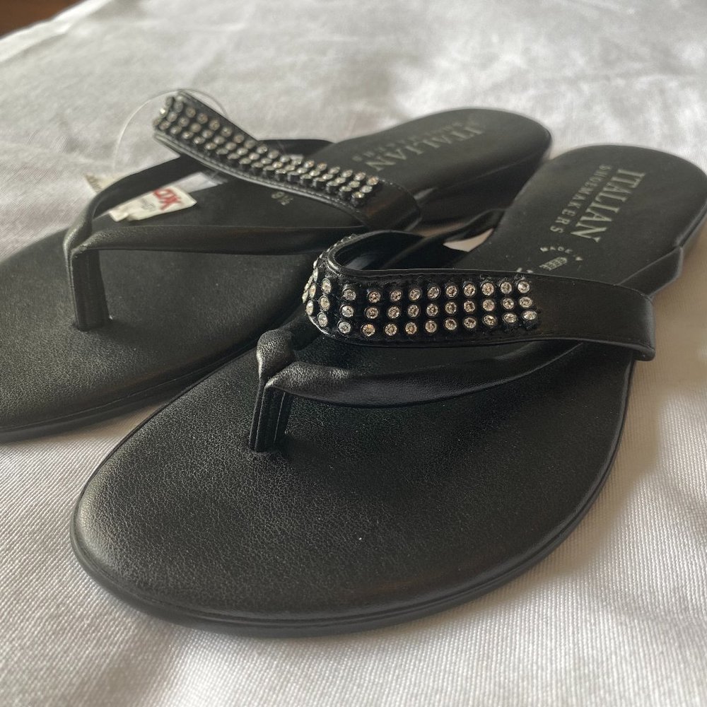 Italian Shoemakers Black Rhinestone Flip Flops